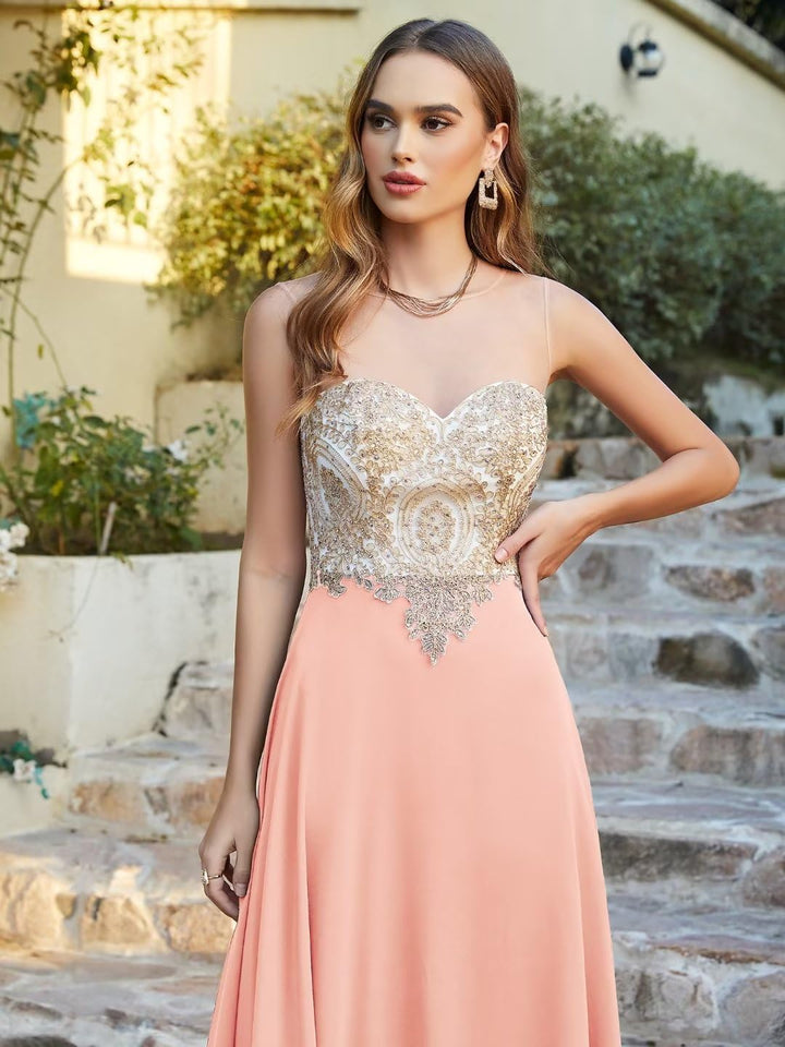 Misshow Abendkleid Chic Lang mit floralen Applikationen aus Chiffon Gr. 30 Dunkelrosa., 30 Dunkelros