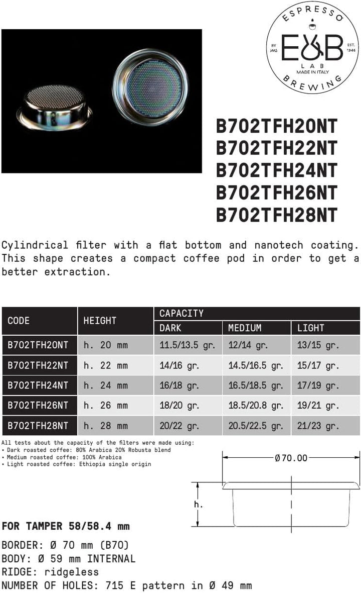 E&amp;B Lab, by IMS Nanoquartz Precision Ridgeless Double Espresso Basket. For E61 58mm group head (H28)