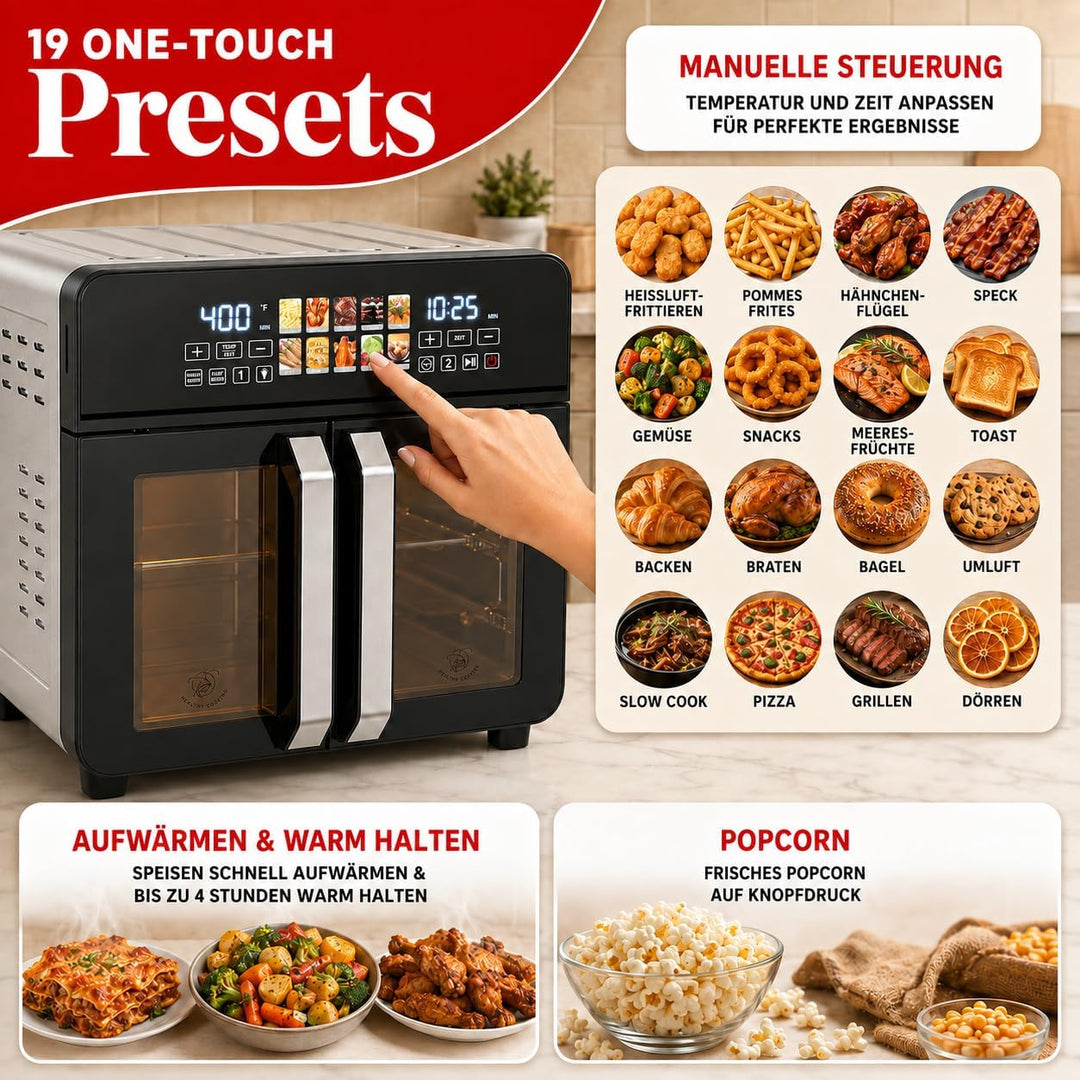 Royal Swiss Airfryer Oven XXL 23 L 2400 W, Heissluftfritteuse mit Doppeltür, 10 Programme, LED Displ