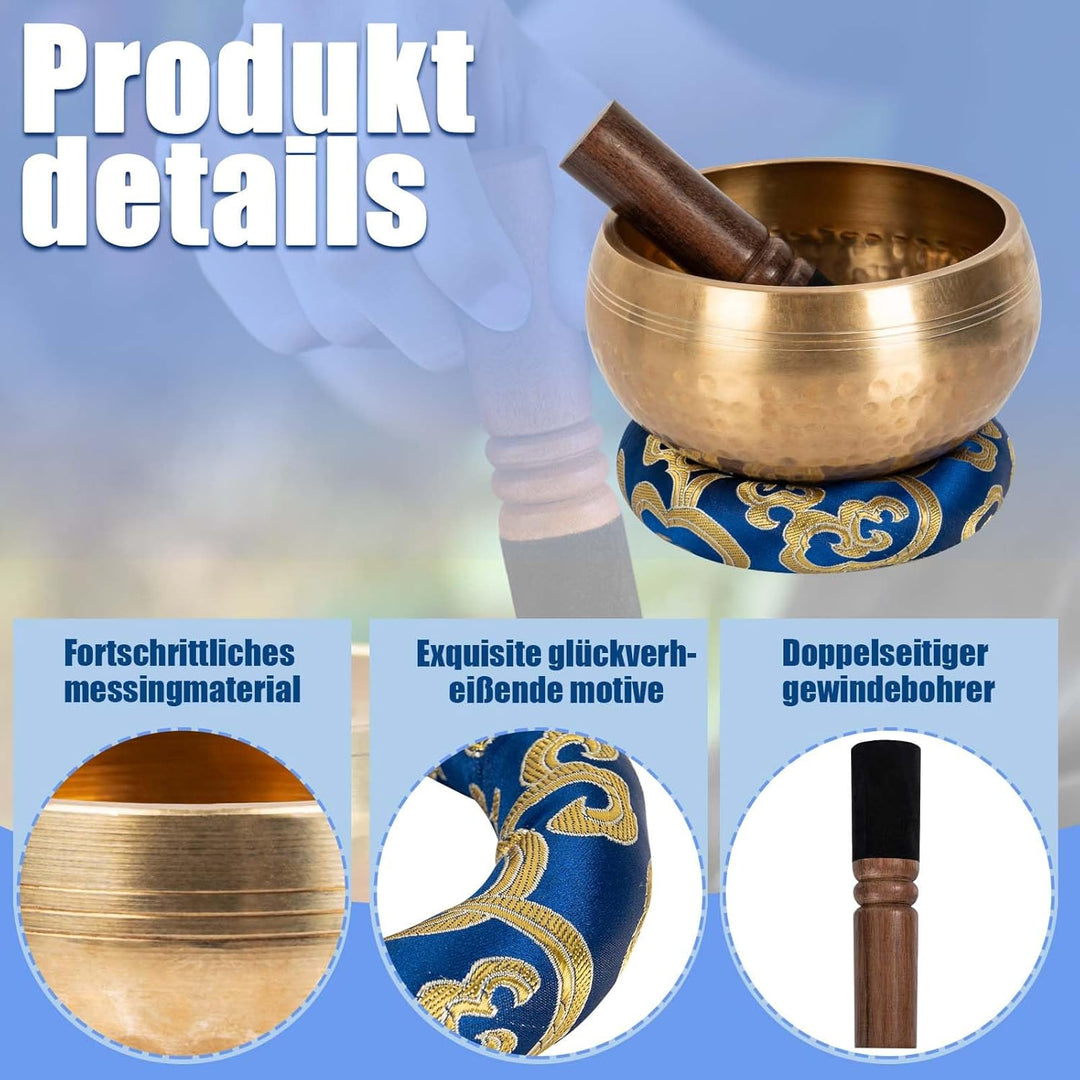 10.5 cm Tibetische Klangschale, Klangschale Original Handgefertigt Klangschalen Set mit Klöppel und