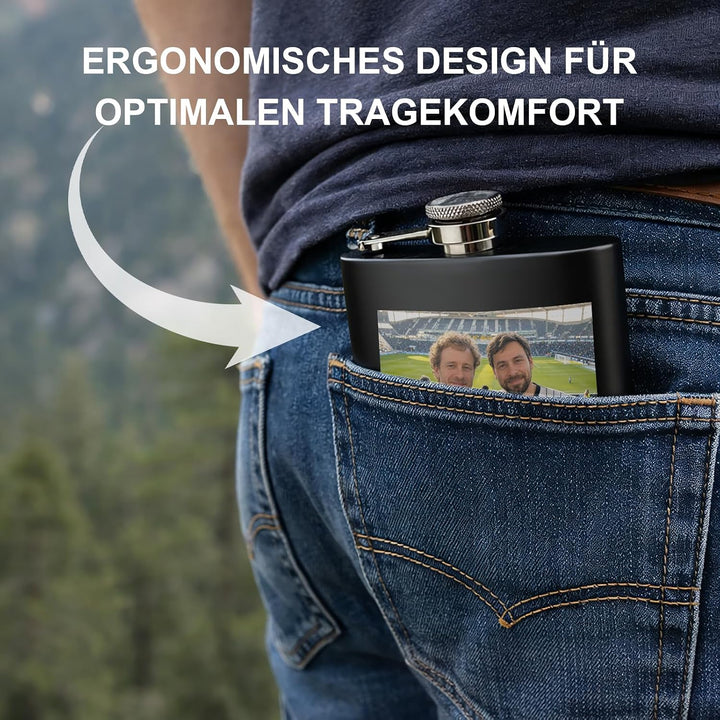 Flachmann Personalisiert mit Foto &amp; Namen Edelstahl Schwarz, Schwarz