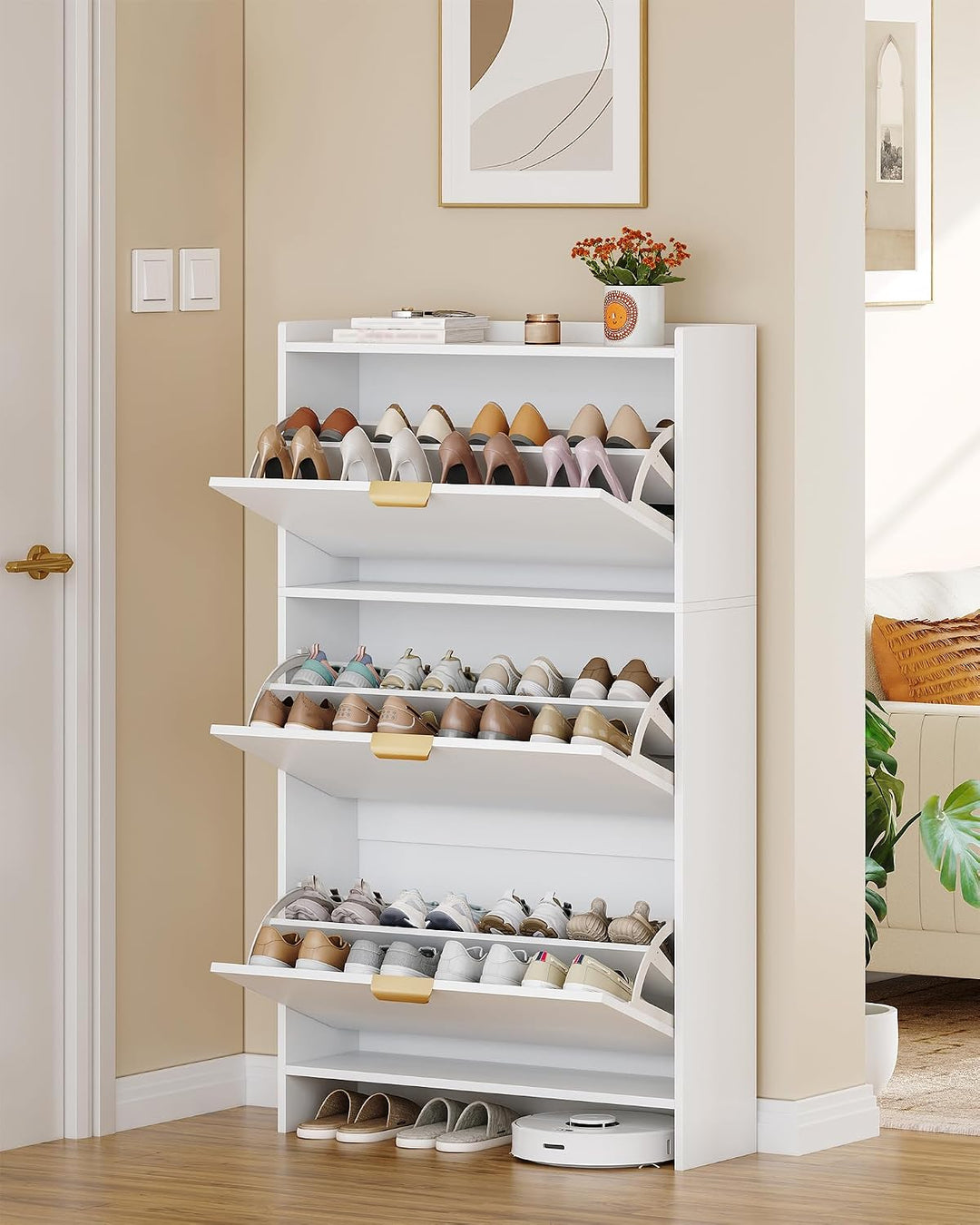 Hzuaneri Schuhschrank mit 3 Klappen, Schuhregal, Schuhkipper Schmal, Verstellbar, Schuhaufbewahrung,