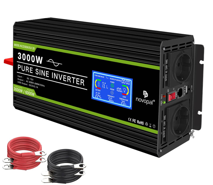 NOVOPAL®3000W Spannungswandler 12v Auf 230v Reiner Sinus Wechselrichter mit 2 EU-Steckdose und Einer