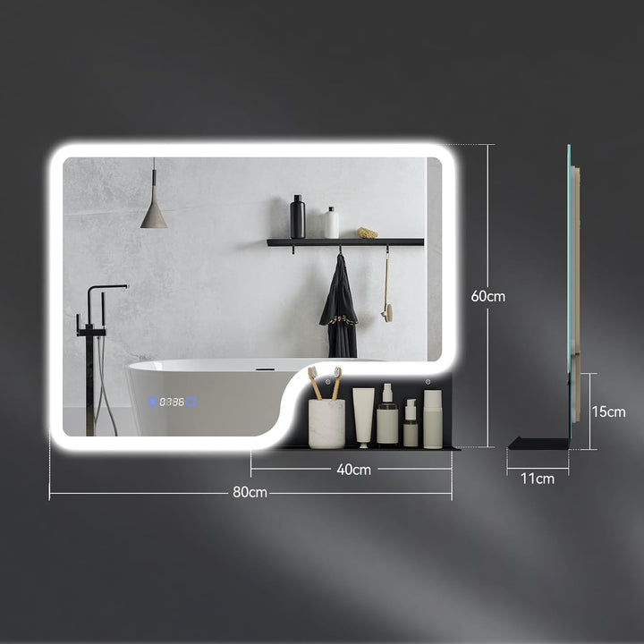 YOURLITE Badspiegel mit Beleuchtung und Ablage 80x60cm, Badezimmerspiegel mit Ablage, LED Badspiegel