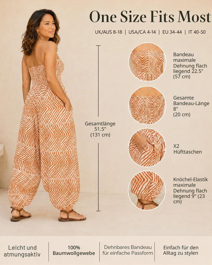 likemary Jumpsuit Damen Sommer &amp; Bedruckter Baumwoll Haremshose mit Taschen – 2-in-1 Trägerloser Ein
