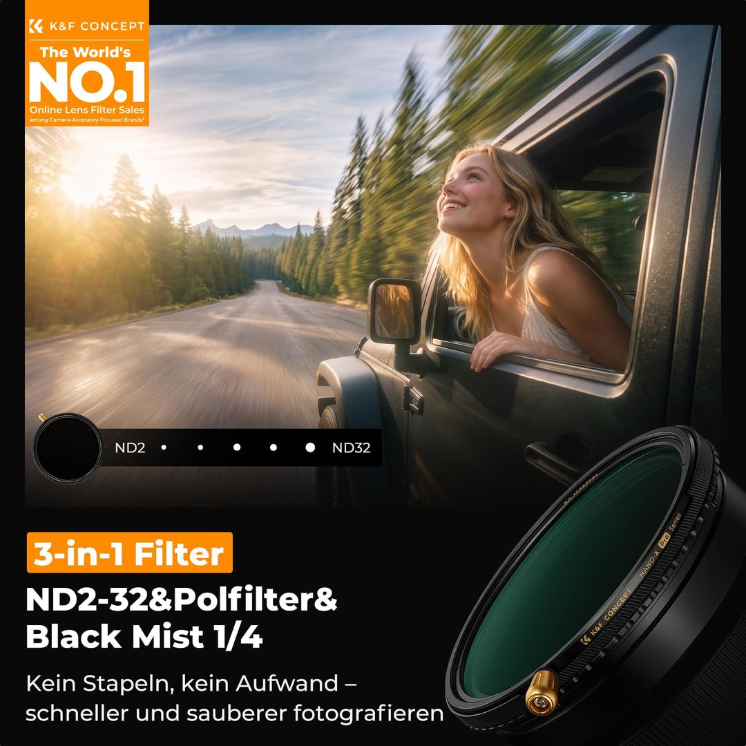 K&amp;F CONCEPT 67mm Variabler ND2-ND32 &amp; Polfilter &amp; Black Mist 1/4 Filter, 67mm