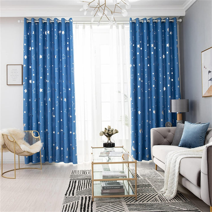Freyamy Vorhang Blickdicht Hellblau Mond Sternenvorhänge 2 Stück,240x140cm (HxB) Niedliche Vorhänge