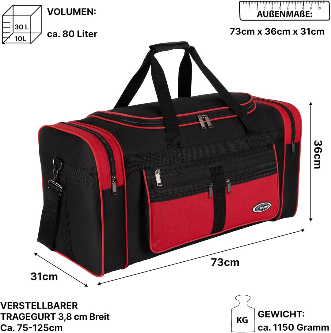 Sporttasche, Reisetasche und Fitnesstasche für Damen und Herren- Tainingstasche, Gym Bag (Rot, L 73