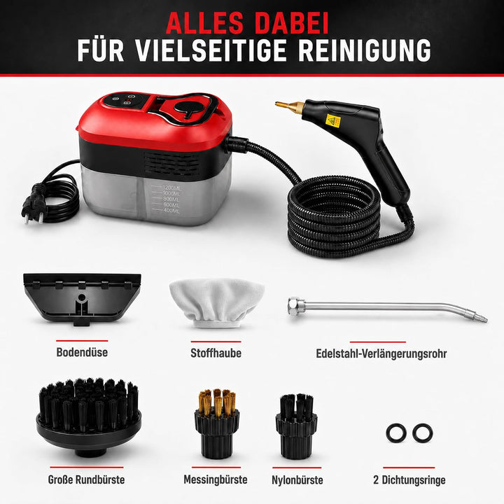 2500W Handdampfreiniger mit Schnellaufheizung in 15 Sekunden und 6 Dampfstufen – tragbarer Hochdruck