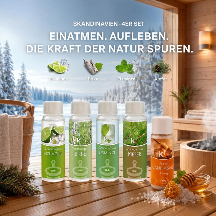 KK Sauna -Set mit Salz Peeling | KK Saunaaufgussset "Skandinavien" 4 x 100 ml + 200 g KK Saunasalz "