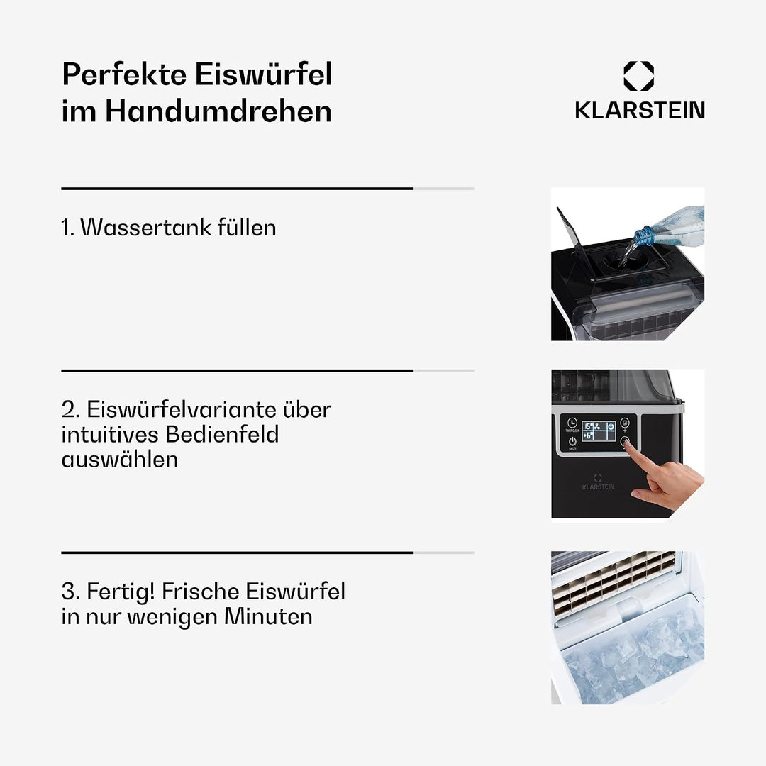 Klarstein Eiswürfelmaschine für Zuhause Camping Gastro, Schnelle Mini Eiswürfelmaschine Klein, Profi