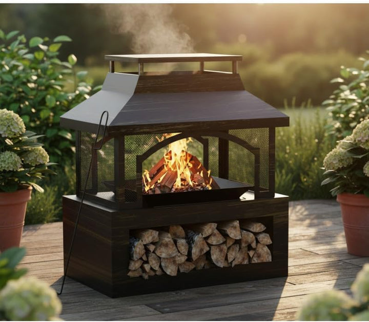 Feuerschale Metall mit Abdeckung 94 cm – Fire Pit Schwarz, Grosse Feuerstelle Garten &amp; Terrasse, Wet