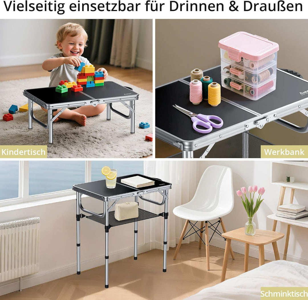Anbte Campingtisch Klappbar 58x40cm Aluminium Silber-Rahmen Picknicktisch 3 Höhen Verstellbar 26/48/