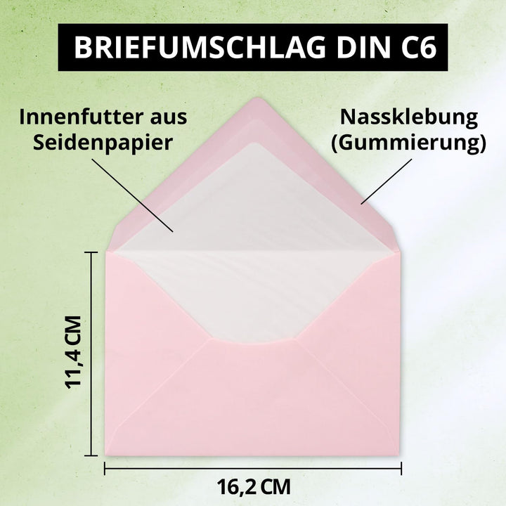 75 Briefumschläge Rosa - DIN C6 - gefüttert mit weissem Seidenpapier - 80 g/m² - 11,4 x 16,2 cm - Na