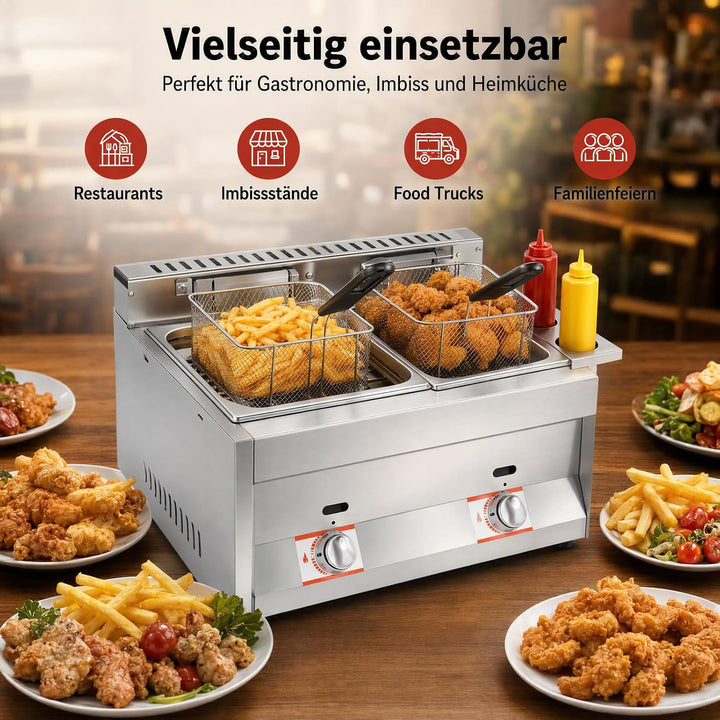 Kommerzielle Gas-Fritteuse mit Korb und Deckel, 2 x 6 L Edelstahl Fritteuse