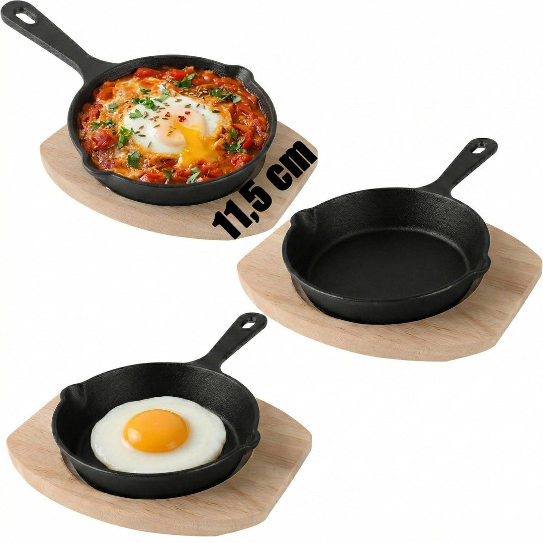 SHUESS 3er Set Gusseisenpfanne Klein Bratpfannen(Gusseiserne Pfanne 14cm) mit Holzbrett - Kleine Pfa