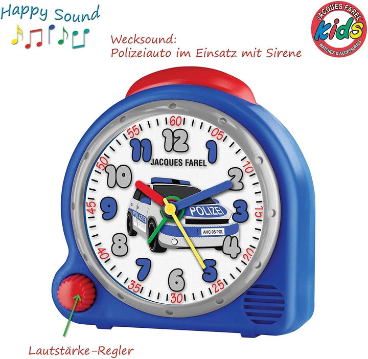 JACQUES FAREL HappySound Soundwecker Kinderwecker Blau mit Polizei Sound Sirene, Lautstärkeregelung