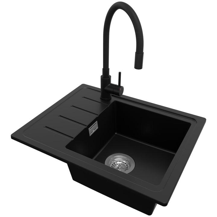PRIMAGRAN Granitspüle Schwarz 55x44cm, Spülbecken 1 Becken + Küchenarmatur 40x38cm + Ablauf-Set, Küc