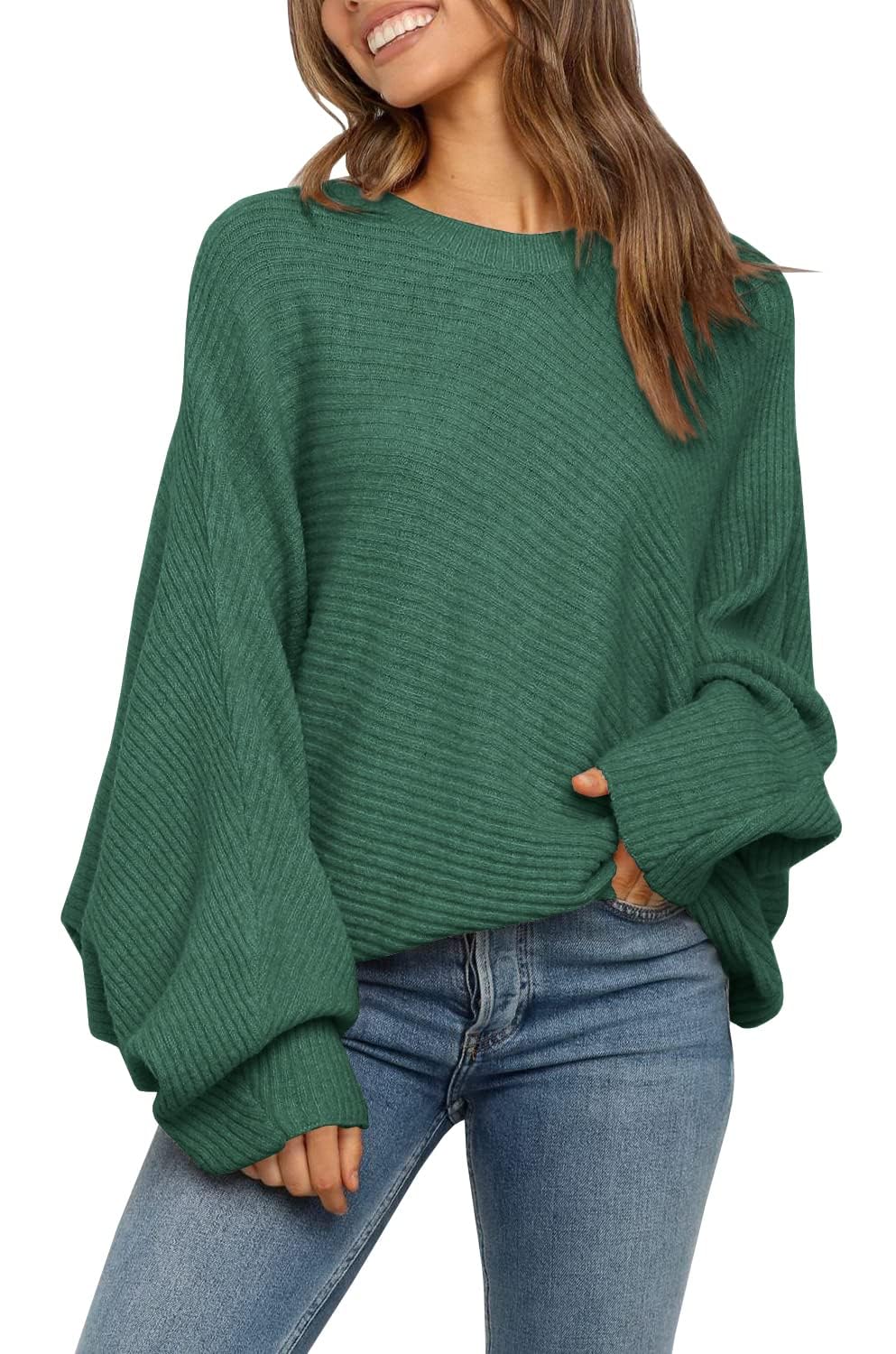 Fessceruna Damen Pullover Oversize Fledermausärmel Strickpullover Winter Rundhals Pulli Geripptes Sw