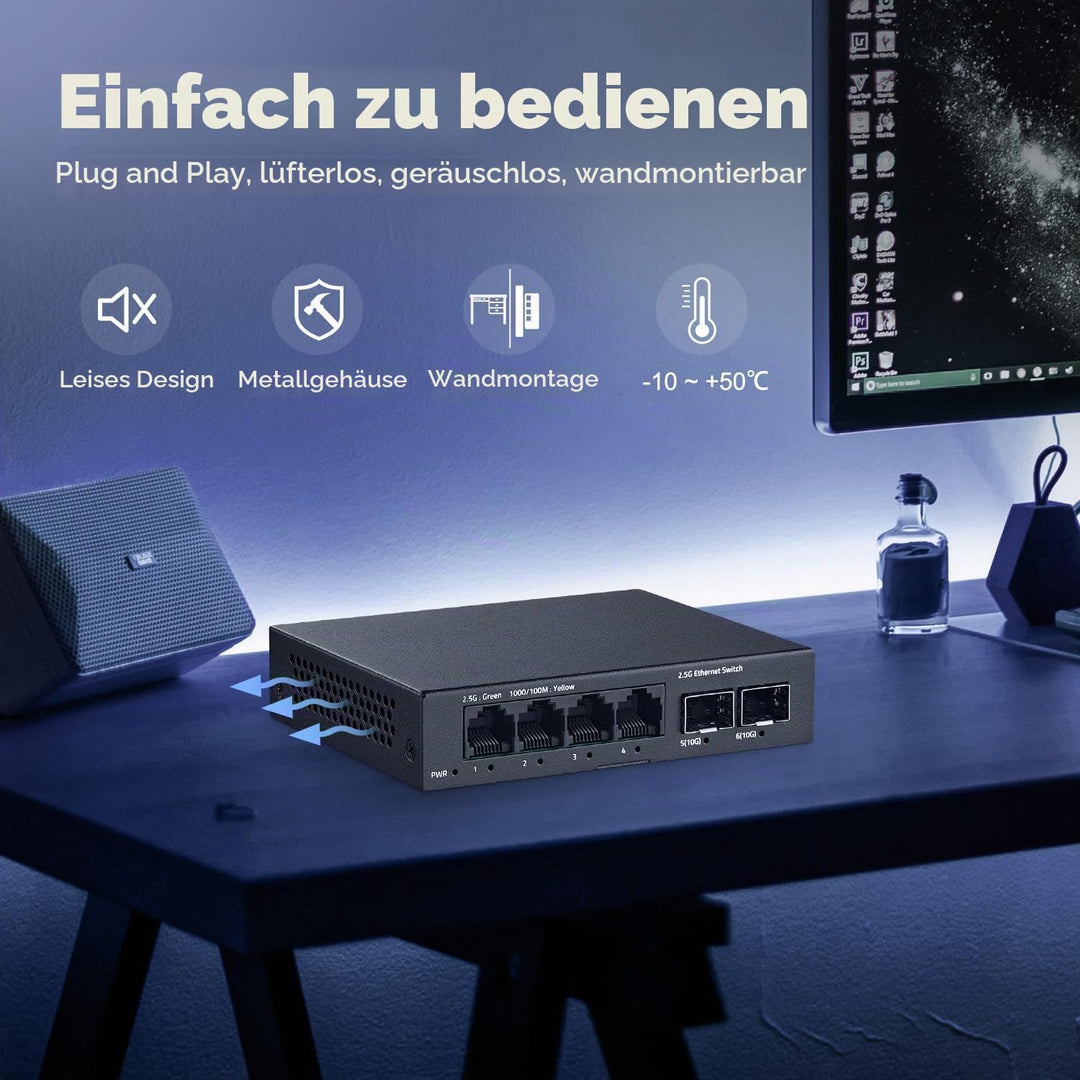 YuLinca 6 Port 2.5G Unmanaged Switch, 4 x 2.5GBASE-T Ports mit 2 x 10G SFP+, 60Gbps Switching Kapazi