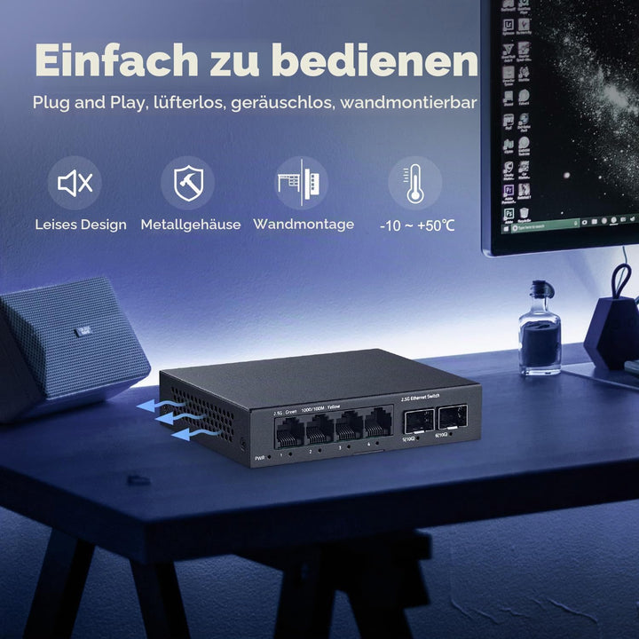 YuLinca 6 Port 2.5G Unmanaged Switch, 4 x 2.5GBASE-T Ports mit 2 x 10G SFP+, 60Gbps Switching Kapazi