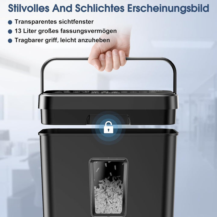Aktenvernichter, 6-Blatt Kreuzschnitt Papierschredder mit P-4 Geheimhaltungsstufe, 13L Papierkorb mi