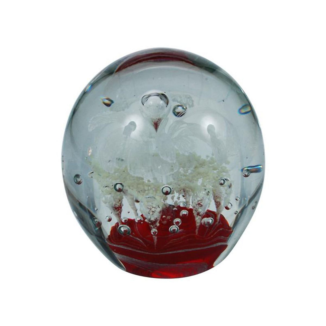 Traumkugel (231) - Briefbeschwerer gross ca. 10cm : Motiv roter Grund - weisse Blume nachtleuchten -