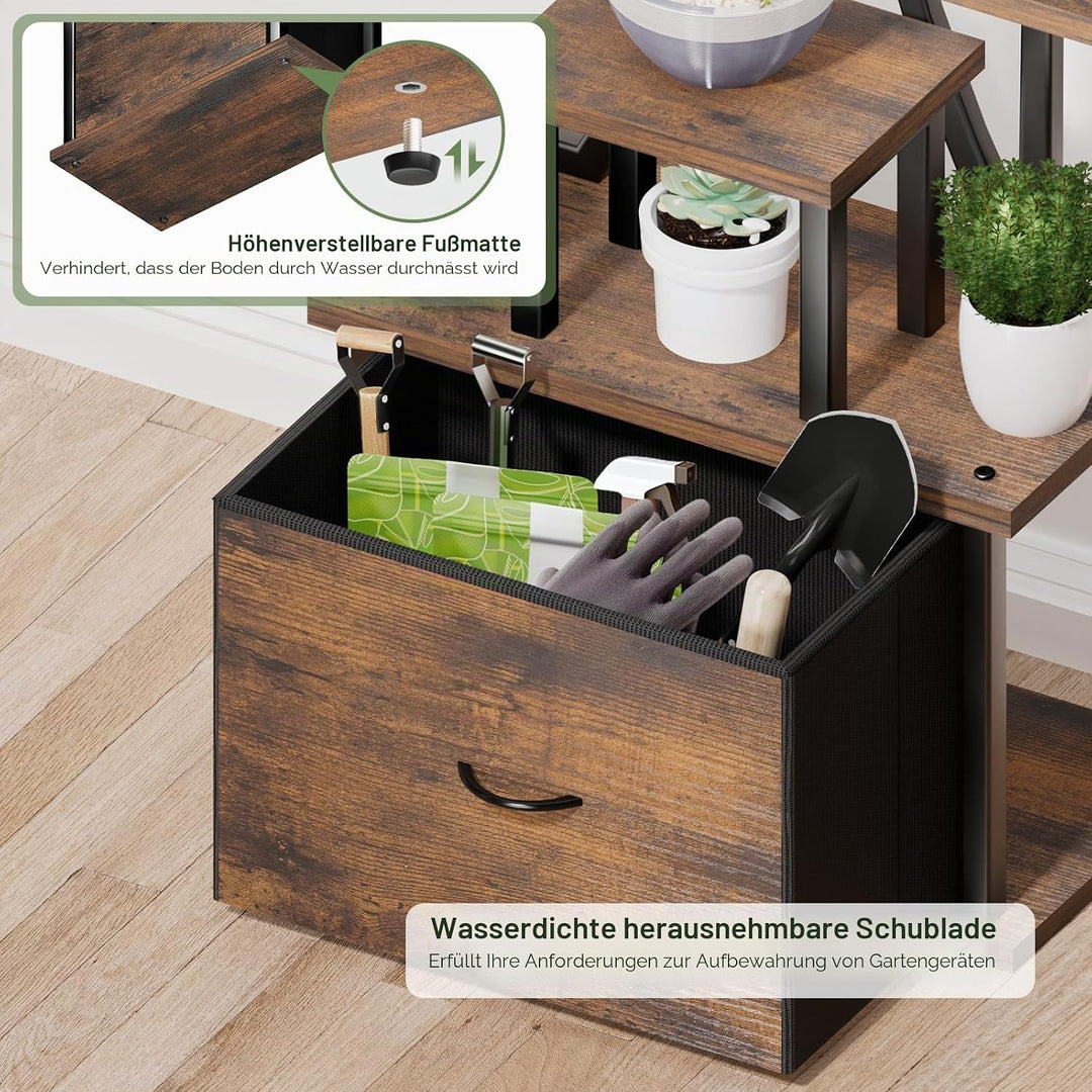 KELHOMECL Pflanzenständer mit Wachstumslicht - 9 Ebenen Blumenständer Metall Holz mit Schublade, 165