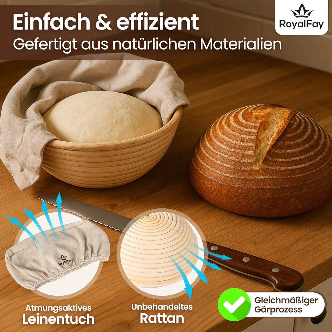 Gärkörbchen rund 23 cm – Brotform aus natürlichem Rattan für Sauerteig und Brotteig – inklusive Lein