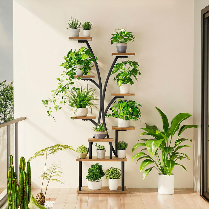 KELHOMECL Pflanzenständer mit Wachstumslicht - 9 Ebenen Blumenständer Metall Holz mit Schublade, 165