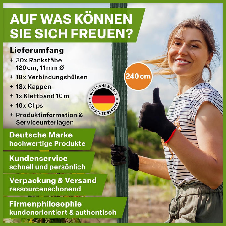 TTL GARDEN Rankstäbe 15er Set 240 cm x 11mm Ø grün + Klettband &amp; Clips | - Rankhilfe Pflanzstäbe Sta