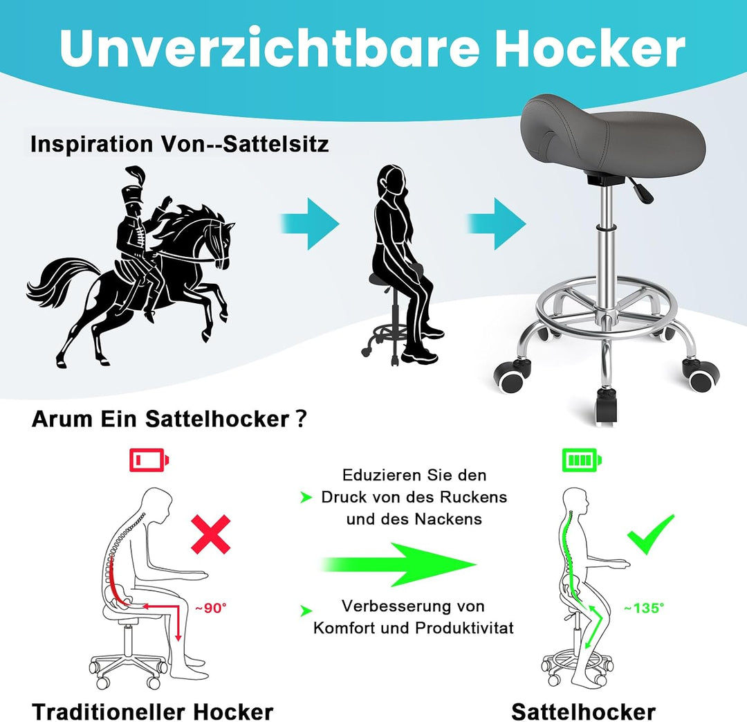 YEEZEE Bequemer Sattelhocker Ergonomisch mit Fussstütze für Büro, Grau, Grau