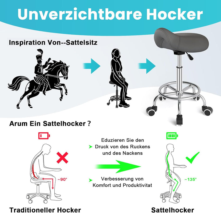 YEEZEE Bequemer Sattelhocker Ergonomisch mit Fussstütze für Büro, Grau, Grau