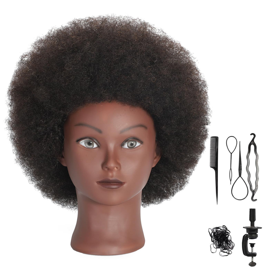 Afro Mannequinkopf mit 100% gelocktem Echthaar, Kosmetologie-Kopf für Friseure, Praxis, Styling, Fle