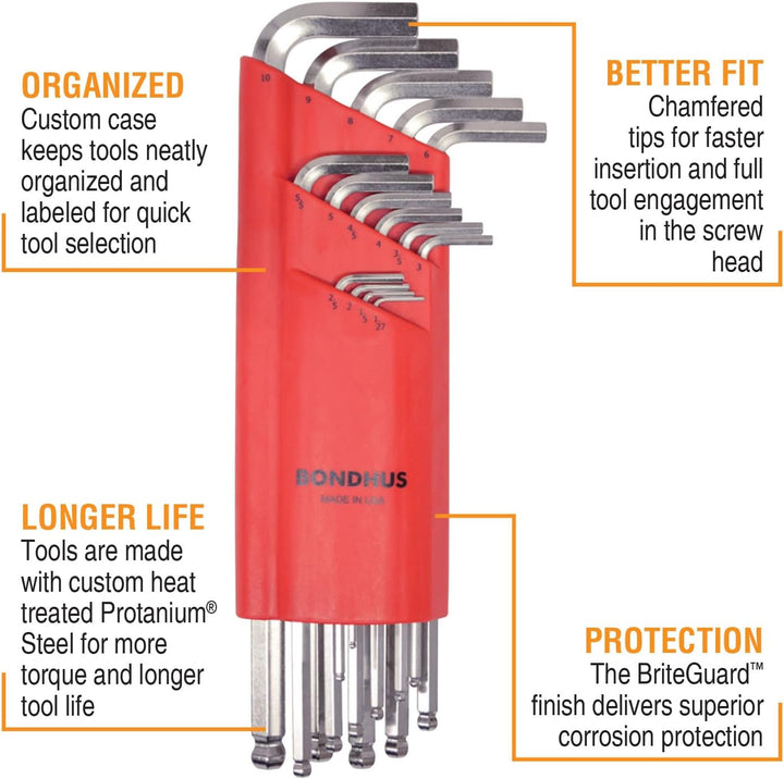 Bondhus 17095 Balldriver L-Wrenches, WS: 1.27-10.0mm WS: 1.27 - 10.0mm, WS: 1.27 - 10.0mm