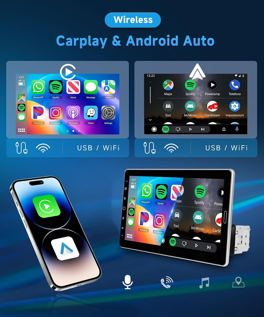 Rimoody Kabellos Carplay 1 Din Autoradio 10.1 Zoll Rotierender Touchscreen Autoradio mit Android Aut