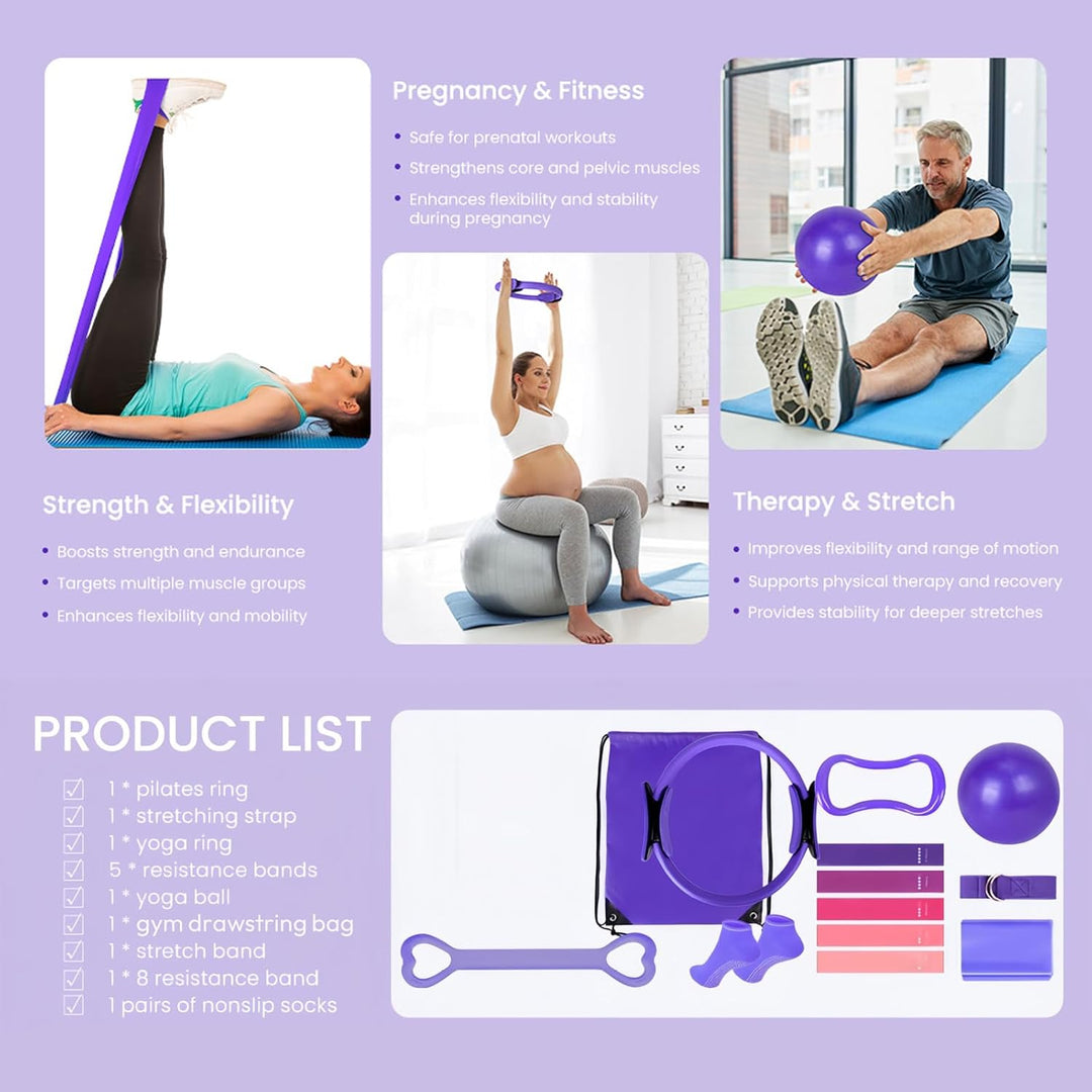 Pilates Set für Zuhause – 9 Stück Pilates Zubehör Set, Pilates Ring und Ball Set mit Yoga Circle, Mi