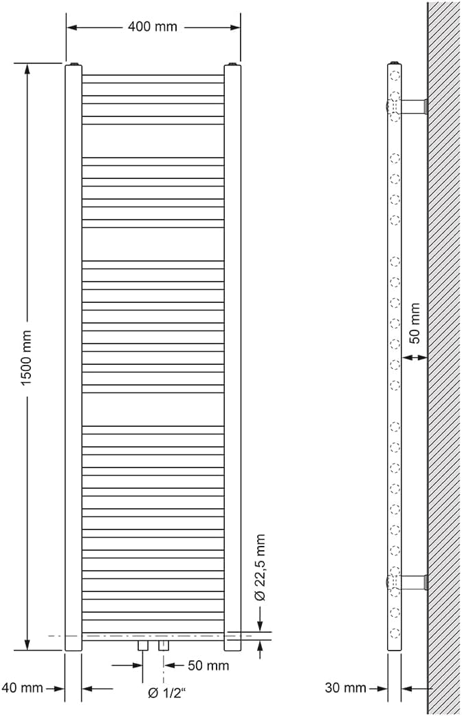 ECD Germany Badheizkörper Mittelanschluss 400 x 1500 mm Weiss gerade mit Thermostat und Anschlussgar
