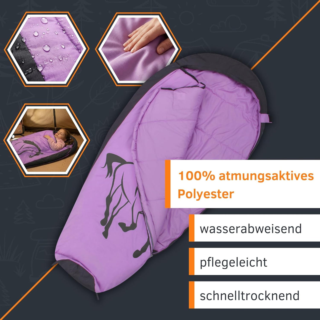 your GEAR Kinderschlafsack Horse - Mumienschlafsack Mädchen 180x90 cm - Warmer Schlafsack Kinder mit