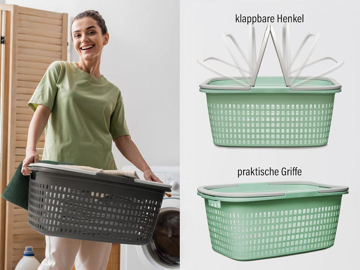 Hausfelder Wäschekorb, 2er Set, 58x37x25cm, Jadegrün Jadegrün 2 Körbe, Jadegrün 2 Körbe
