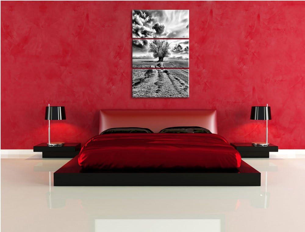 Pixxprint Pinkes Feld mit pinkem Baum als Leinwandbild/Grösse: 3 Teilig (120x80) cm/Wandbild/Kunstdr