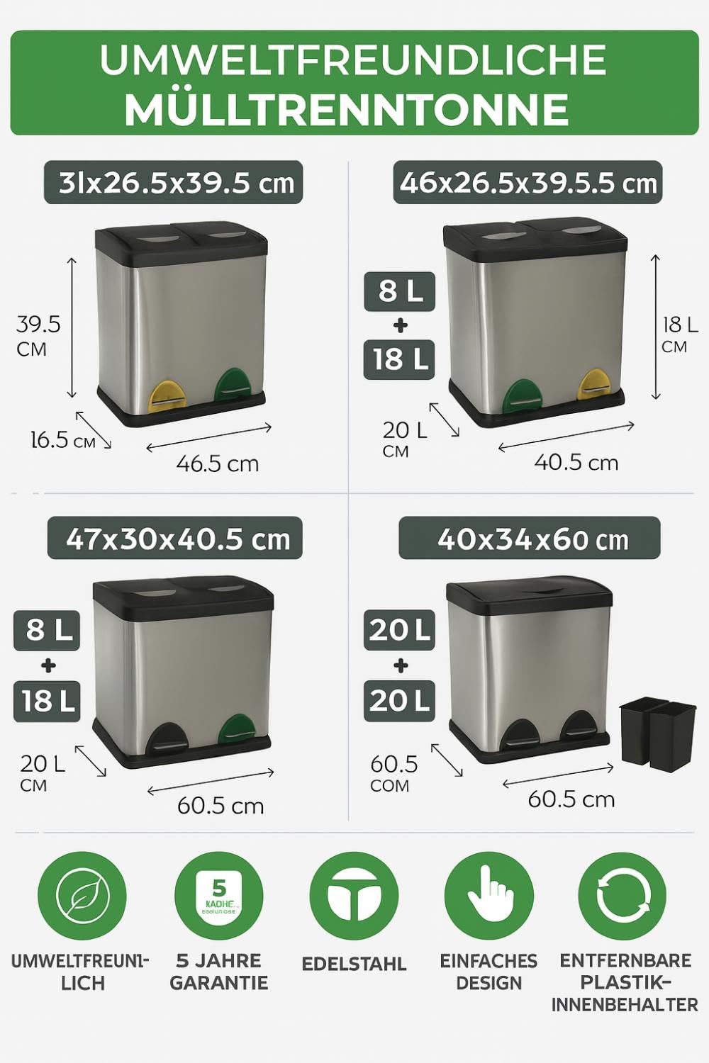 MSV Mülleimer Mülltrennsystem 26 L (8 Liter + 18 Liter) mit Inneneimer grosse Abfallbehälter Abfalle
