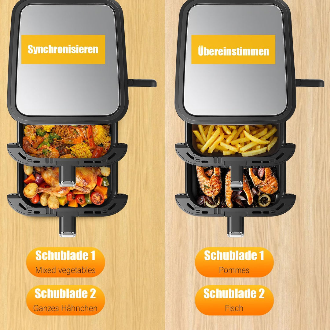 Double Stack Heissluftfritteuse, Vertikale Doppelkammer Heissluftfritteuse, Klappbares Touchdisplay,