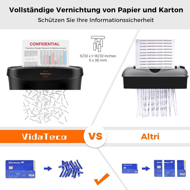 Aktenvernichter, VidaTeco 8 Blatt Kreuzschnitt Papierschredder für Kreditkarten/Heftklammer für Zuha