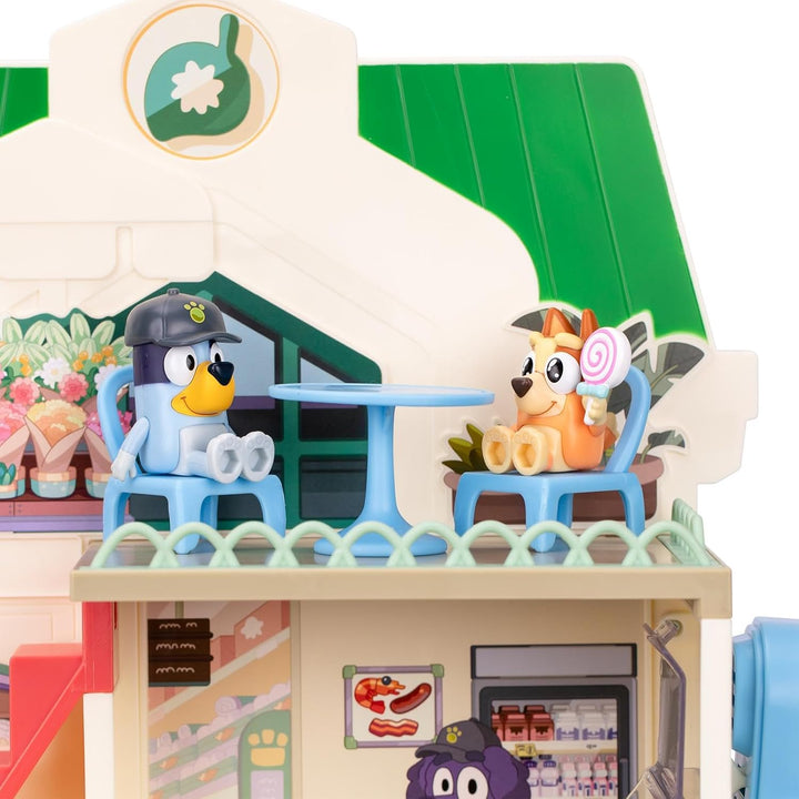 Rocco Giocattoli | Der Bluey Supermarkt - Playset mit 2 Actionfiguren, Zubehör und Aufklebern