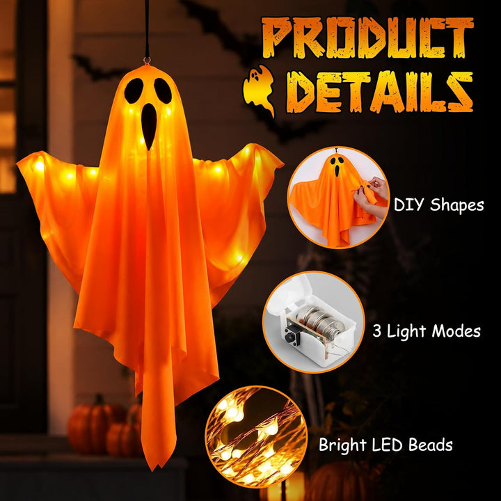 Idota 4er Set Halloween Deko Gespenster in Orange mit LED Lichtern 50cm