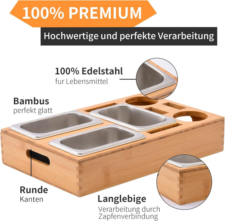 Couchbar Snackbox, Snackspender mit 3X Snackschale, Bambus Sofatablett für Sofa, Deko, Couch Bar mit