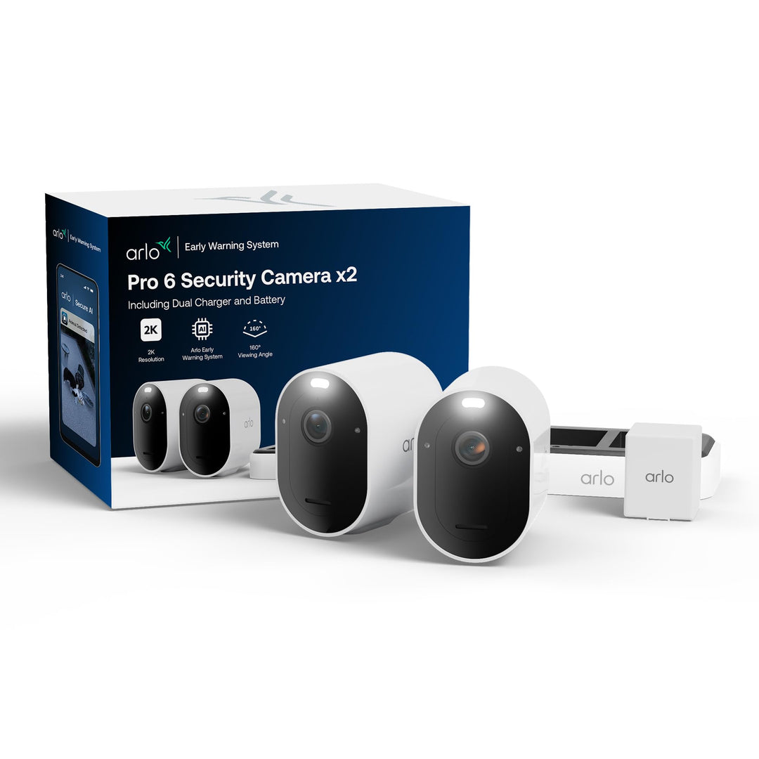Arlo Pro 6 2K HDR Kamera Aussen, 2er-Set mit Zusatzakku &amp; Dual-Ladestation 2 Kameras, 2 Kameras