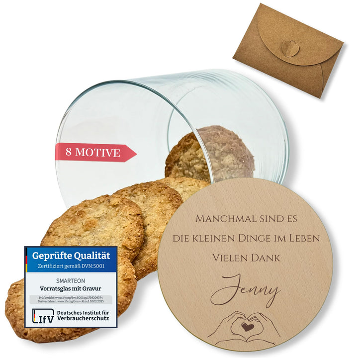 Vorratsgläser Mit Deckel Personalisiert Mit Gravur, Kleine Geschenke, Keksdose, Dankeschön, Holzdeck