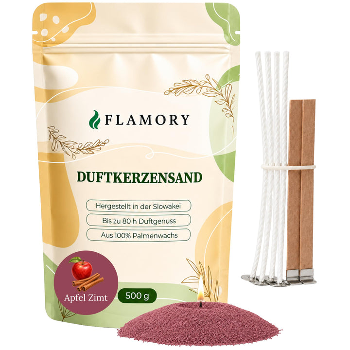 Kerzensand mit Duft Apfel-Zimt 500g, inkl. 6 Dochte, 80h Brennzeit, Apfel-zimt 500g